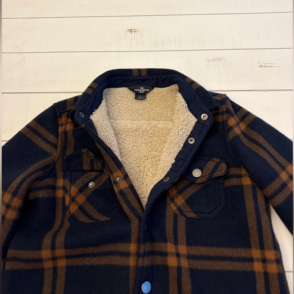 Eddie Bauer Navy Blue and Copper Brown Plaid Button-Up Shirt Jacket Boys 7